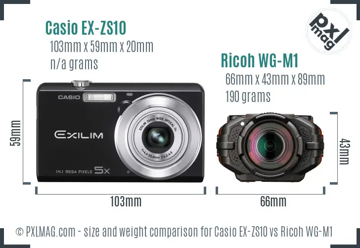 Casio EX-ZS10 vs Ricoh WG-M1 size comparison