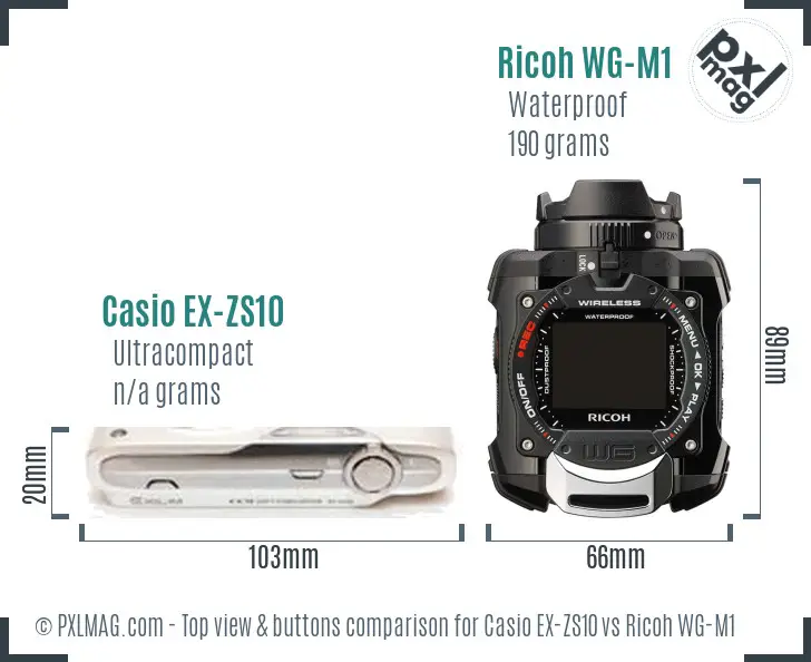 Casio EX-ZS10 vs Ricoh WG-M1 top view buttons comparison