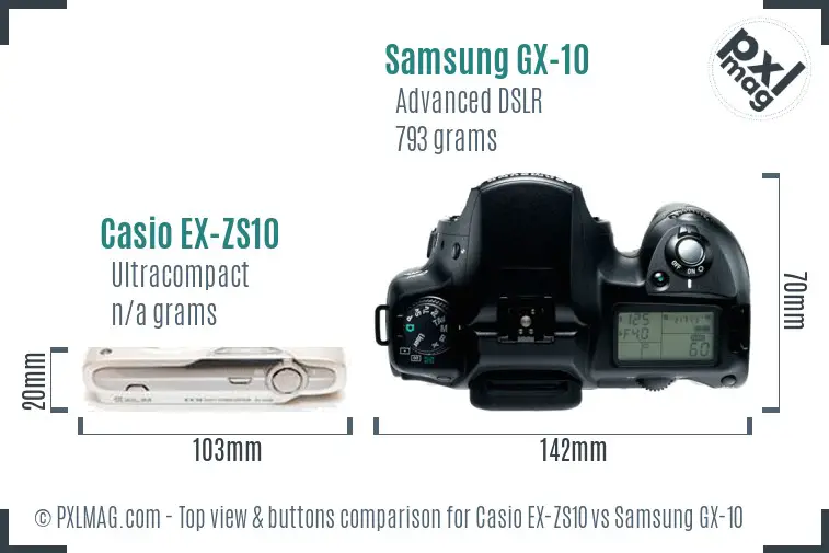 Casio EX-ZS10 vs Samsung GX-10 top view buttons comparison