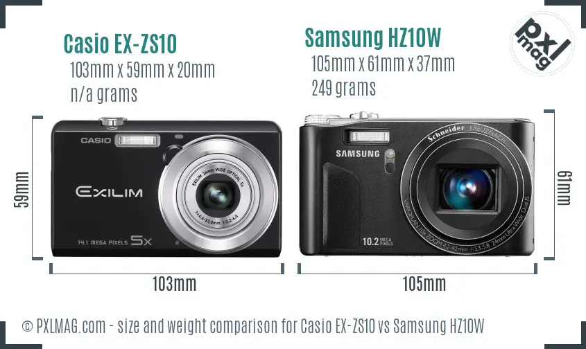 Casio EX-ZS10 vs Samsung HZ10W size comparison