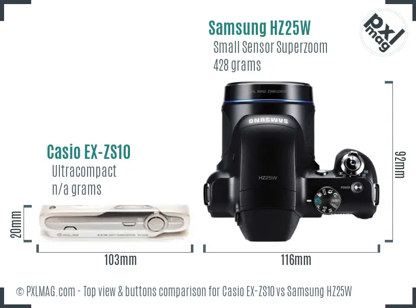 Casio EX-ZS10 vs Samsung HZ25W top view buttons comparison Casio EX-ZS10 vs Samsung HZ25W top view buttons comparison