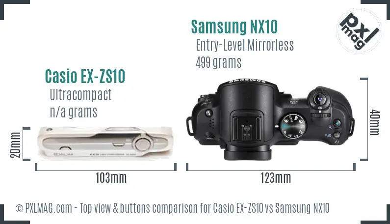 Casio EX-ZS10 vs Samsung NX10 top view buttons comparison Casio EX-ZS10 vs Samsung NX10 top view buttons comparison