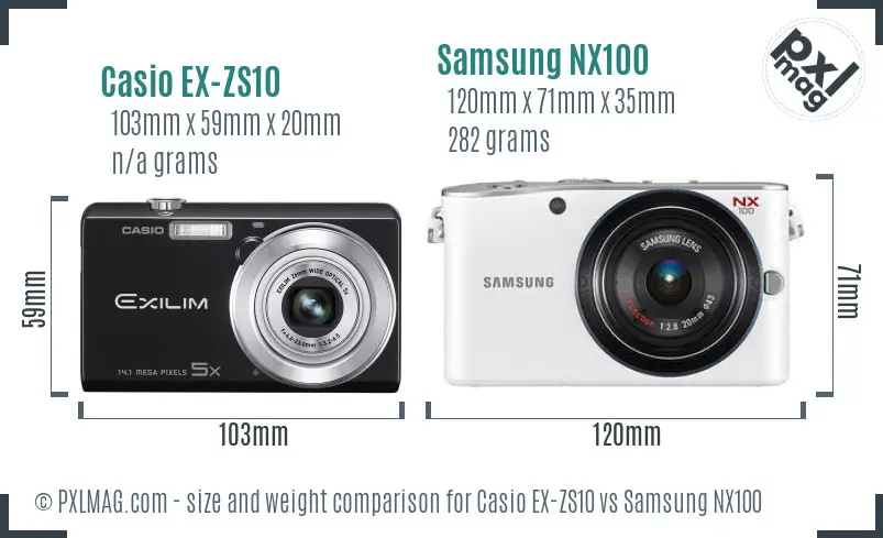 Casio EX-ZS10 vs Samsung NX100 size comparison