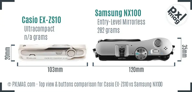 Casio EX-ZS10 vs Samsung NX100 top view buttons comparison
