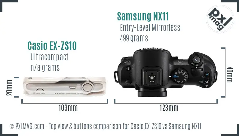 Casio EX-ZS10 vs Samsung NX11 top view buttons comparison Casio EX-ZS10 vs Samsung NX11 top view buttons comparison