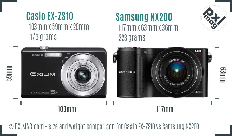 Casio EX-ZS10 vs Samsung NX200 size comparison