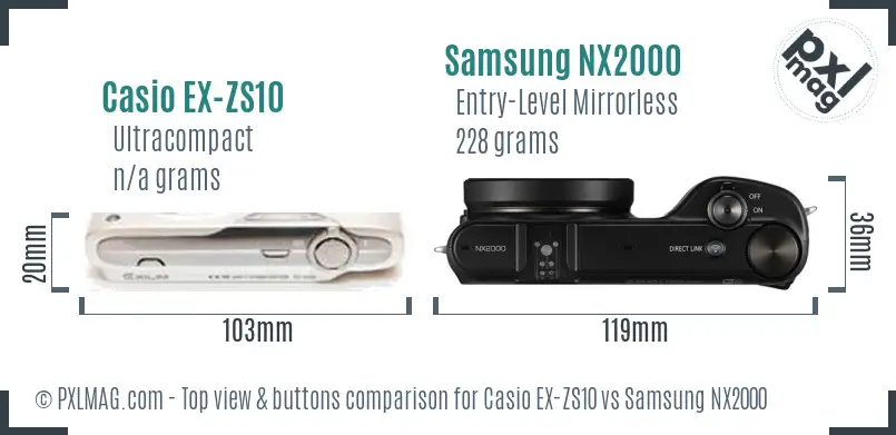 Casio EX-ZS10 vs Samsung NX2000 top view buttons comparison Casio EX-ZS10 vs Samsung NX2000 top view buttons comparison