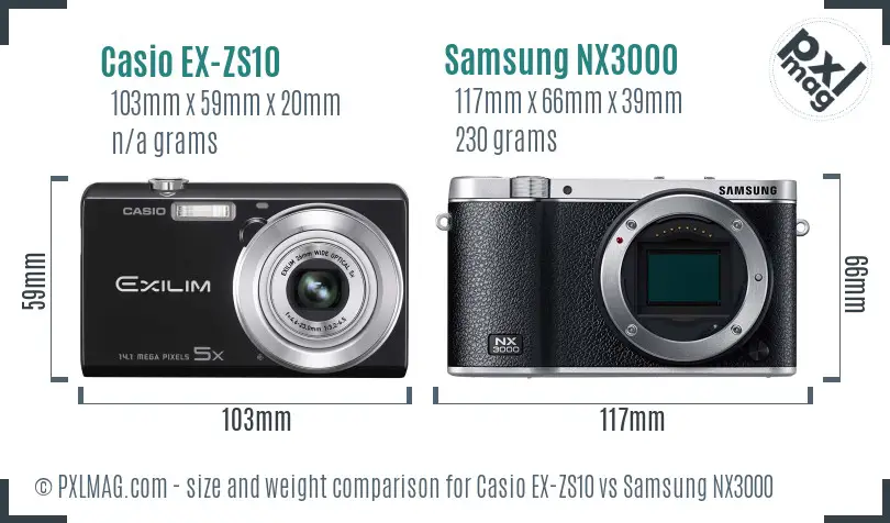 Casio EX-ZS10 vs Samsung NX3000 size comparison