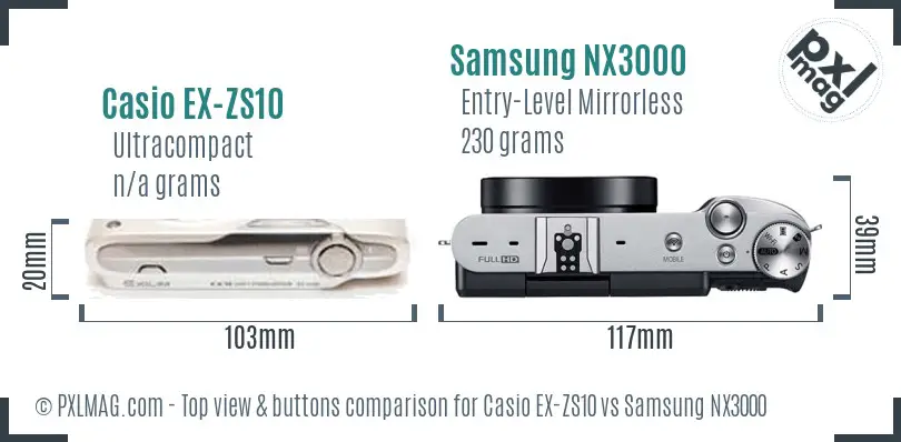 Casio EX-ZS10 vs Samsung NX3000 top view buttons comparison