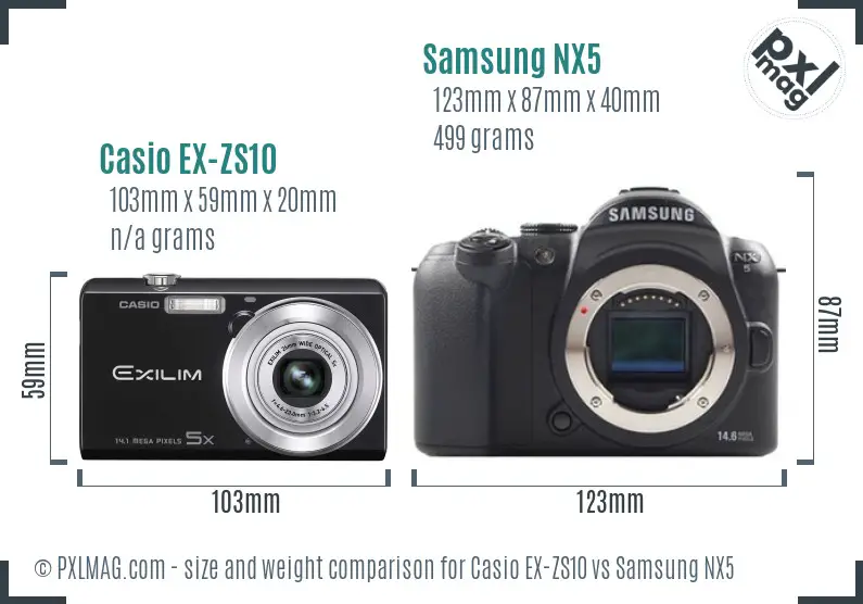 Casio EX-ZS10 vs Samsung NX5 size comparison