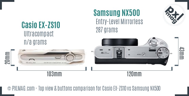 Casio EX-ZS10 vs Samsung NX500 top view buttons comparison