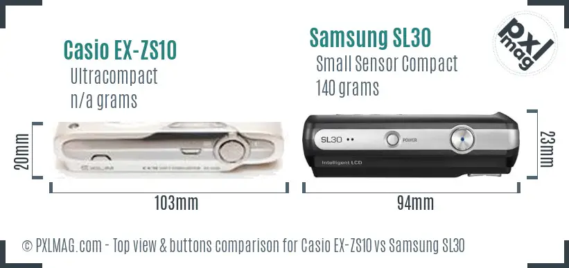 Casio EX-ZS10 vs Samsung SL30 top view buttons comparison Casio EX-ZS10 vs Samsung SL30 top view buttons comparison