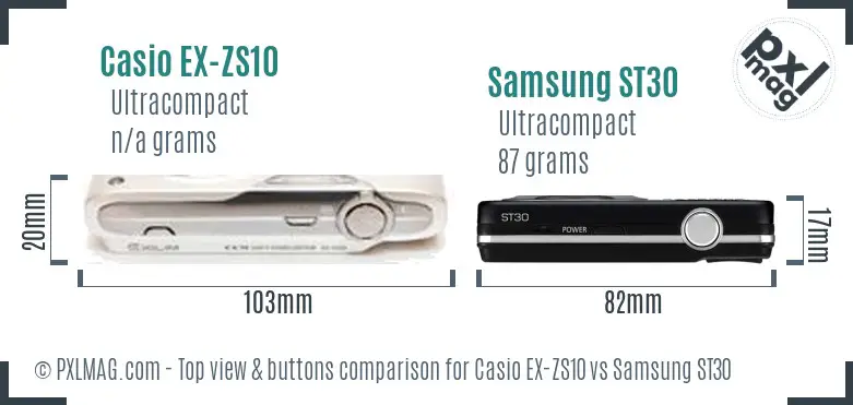 Casio EX-ZS10 vs Samsung ST30 top view buttons comparison