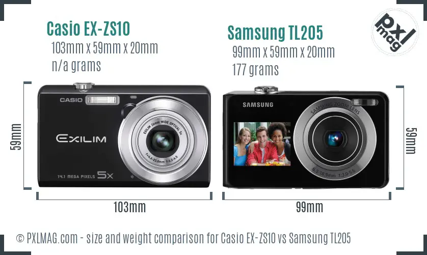 Casio EX-ZS10 vs Samsung TL205 size comparison