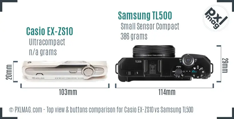 Casio EX-ZS10 vs Samsung TL500 top view buttons comparison Casio EX-ZS10 vs Samsung TL500 top view buttons comparison