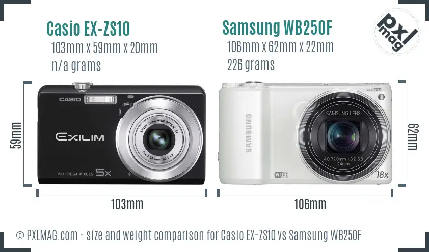 Casio EX-ZS10 vs Samsung WB250F size comparison