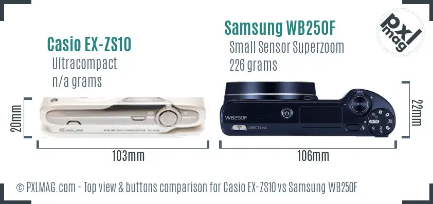 Casio EX-ZS10 vs Samsung WB250F top view buttons comparison