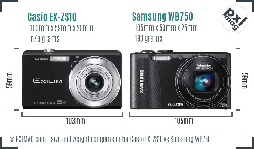 Casio EX-ZS10 vs Samsung WB750 size comparison