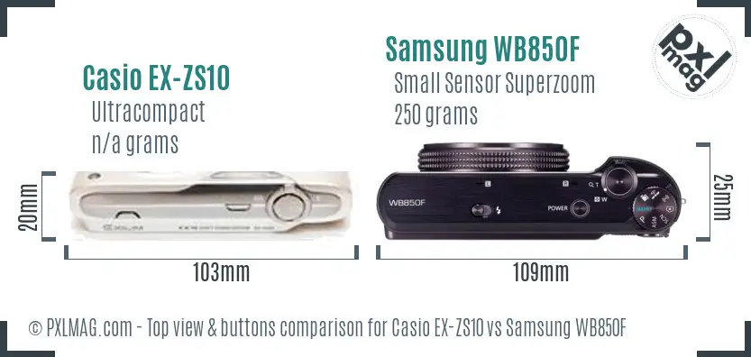 Casio EX-ZS10 vs Samsung WB850F top view buttons comparison Casio EX-ZS10 vs Samsung WB850F top view buttons comparison