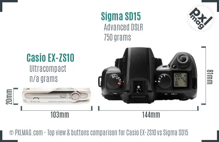 Casio EX-ZS10 vs Sigma SD15 top view buttons comparison Casio EX-ZS10 vs Sigma SD15 top view buttons comparison