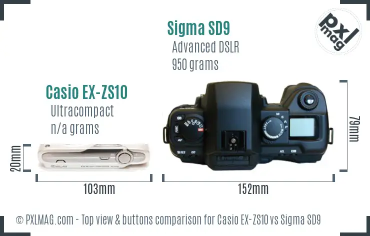 Casio EX-ZS10 vs Sigma SD9 top view buttons comparison Casio EX-ZS10 vs Sigma SD9 top view buttons comparison