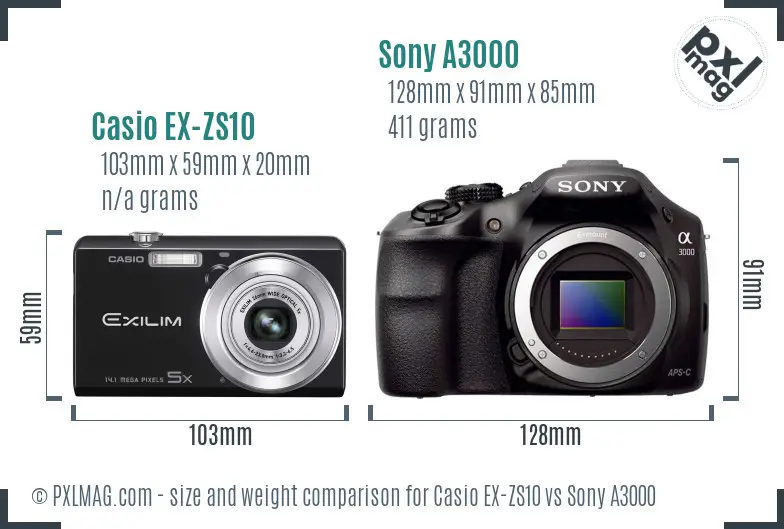 Casio EX-ZS10 vs Sony A3000 size comparison