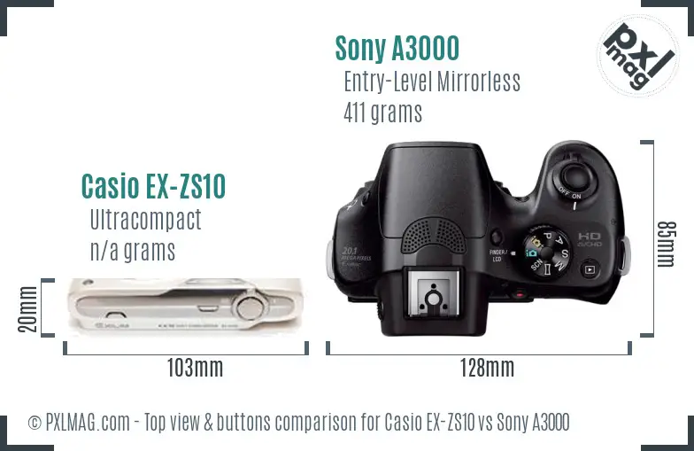Casio EX-ZS10 vs Sony A3000 top view buttons comparison