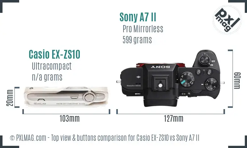 Casio EX-ZS10 vs Sony A7 II top view buttons comparison