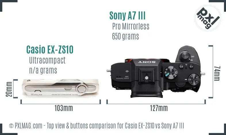Casio EX-ZS10 vs Sony A7 III top view buttons comparison Casio EX-ZS10 vs Sony A7 III top view buttons comparison
