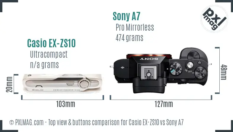 Casio EX-ZS10 vs Sony A7 top view buttons comparison Casio EX-ZS10 vs Sony A7 top view buttons comparison