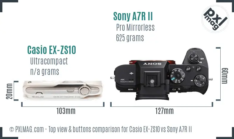 Casio EX-ZS10 vs Sony A7R II top view buttons comparison Casio EX-ZS10 vs Sony A7R II top view buttons comparison