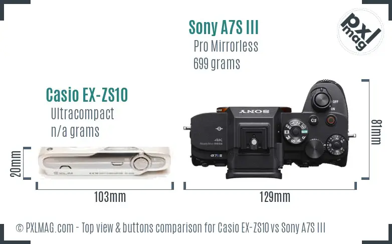Casio EX-ZS10 vs Sony A7S III top view buttons comparison