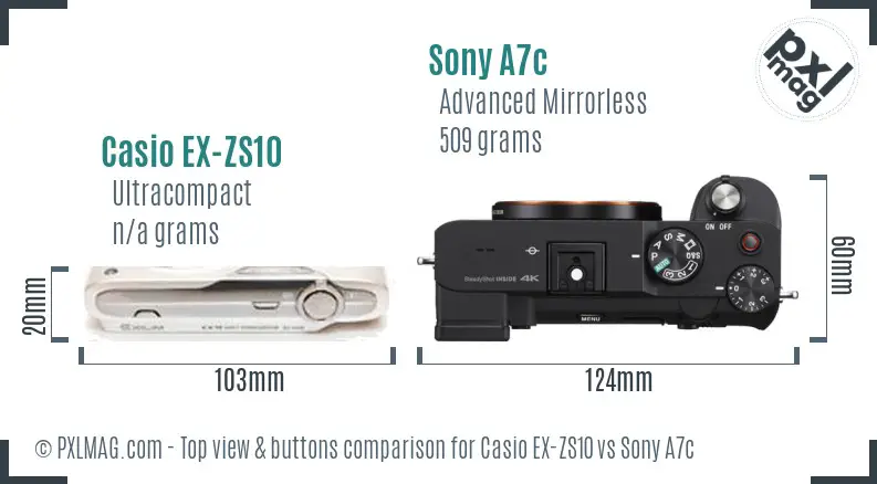 Casio EX-ZS10 vs Sony A7c top view buttons comparison