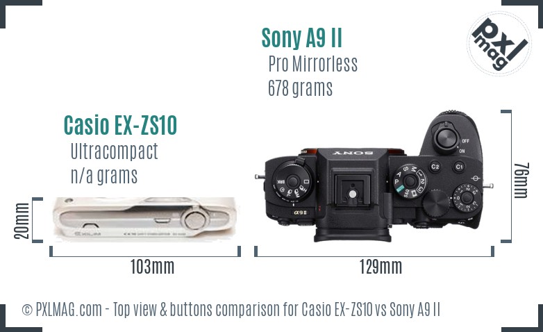 Casio EX-ZS10 vs Sony A9 II top view buttons comparison