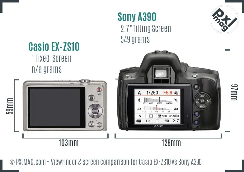 Casio EX-ZS10 vs Sony A390 Screen and Viewfinder comparison