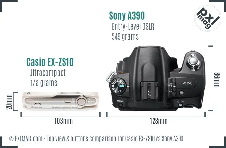 Casio EX-ZS10 vs Sony A390 top view buttons comparison