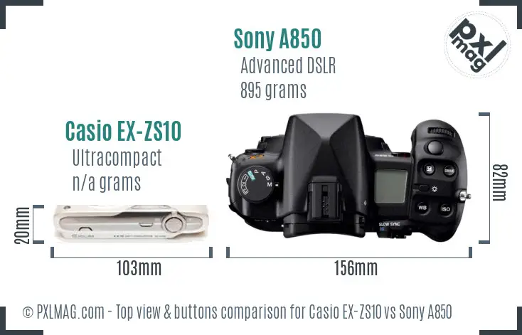 Casio EX-ZS10 vs Sony A850 top view buttons comparison