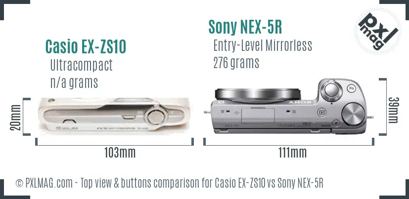 Casio EX-ZS10 vs Sony NEX-5R top view buttons comparison