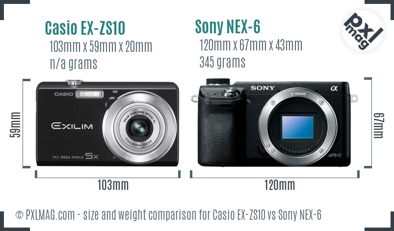 Casio EX-ZS10 vs Sony NEX-6 size comparison