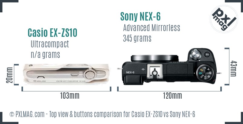 Casio EX-ZS10 vs Sony NEX-6 top view buttons comparison