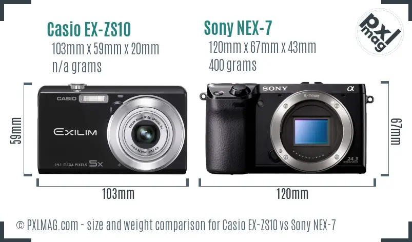 Casio EX-ZS10 vs Sony NEX-7 size comparison
