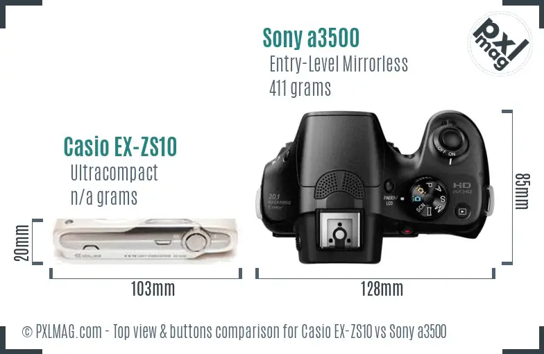 Casio EX-ZS10 vs Sony a3500 top view buttons comparison Casio EX-ZS10 vs Sony a3500 top view buttons comparison