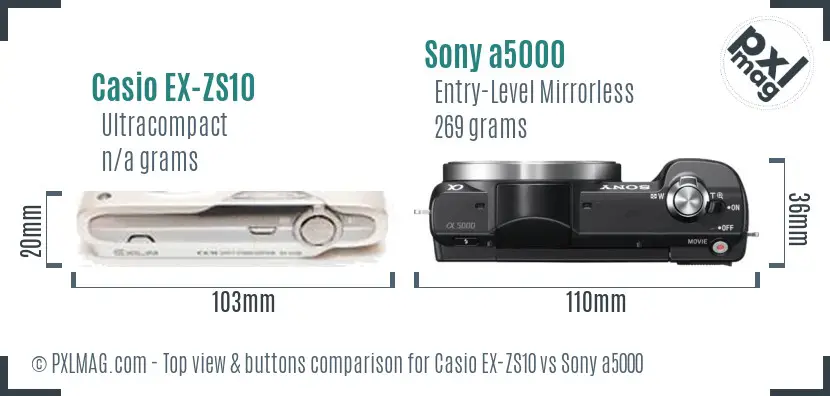 Casio EX-ZS10 vs Sony a5000 top view buttons comparison Casio EX-ZS10 vs Sony a5000 top view buttons comparison