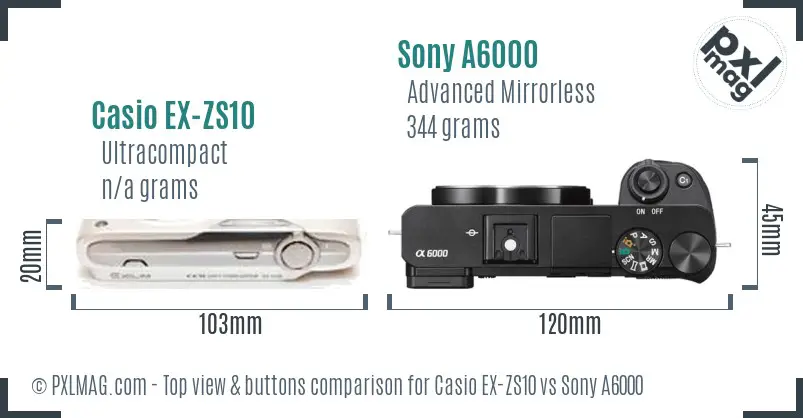 Casio EX-ZS10 vs Sony A6000 top view buttons comparison