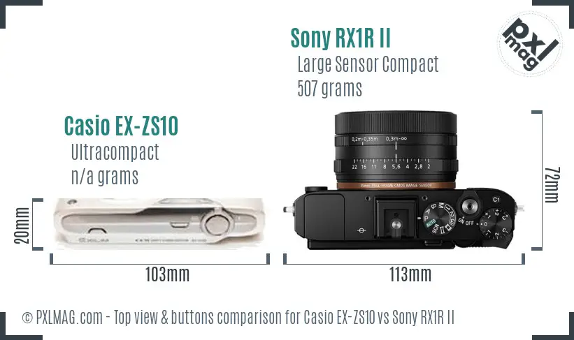 Casio EX-ZS10 vs Sony RX1R II top view buttons comparison
