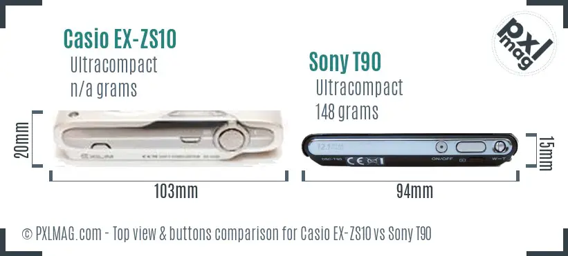 Casio EX-ZS10 vs Sony T90 top view buttons comparison Casio EX-ZS10 vs Sony T90 top view buttons comparison
