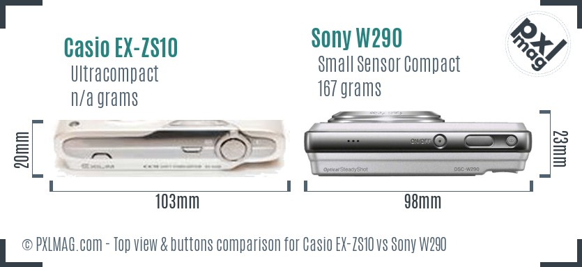 Casio EX-ZS10 vs Sony W290 top view buttons comparison