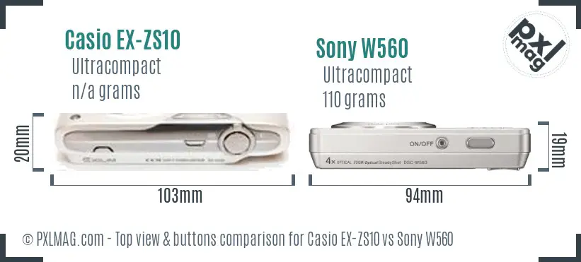 Casio EX-ZS10 vs Sony W560 top view buttons comparison Casio EX-ZS10 vs Sony W560 top view buttons comparison