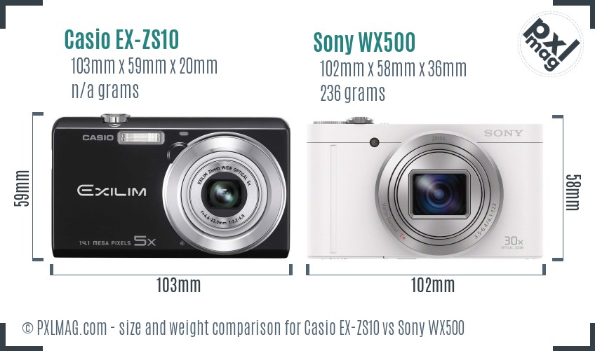 Casio EX-ZS10 vs Sony WX500 size comparison