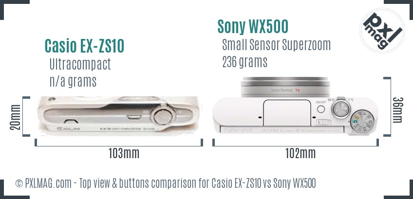 Casio EX-ZS10 vs Sony WX500 top view buttons comparison